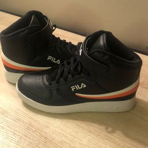 Black, White and Orange Fila Sneakers